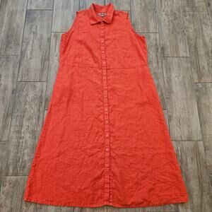 Flax Dress Womens Size L Linen Collar Maxi Shirt Dress Button Front Sleeveless